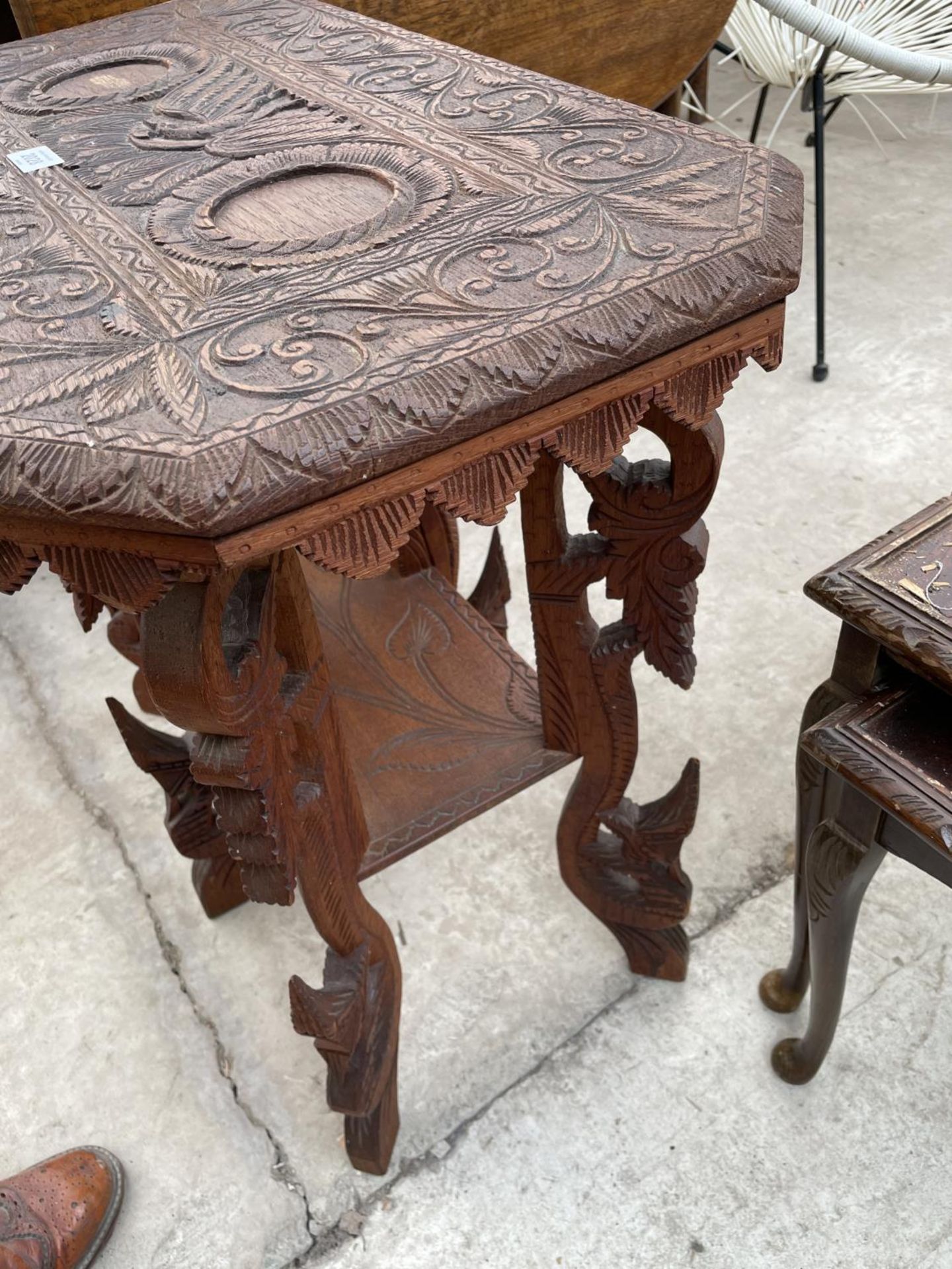 A HEAVILY CARVED ASIAN HARDWOOD TWO TIER OCCASIONAL TABLE, 26X14" - Image 4 of 6