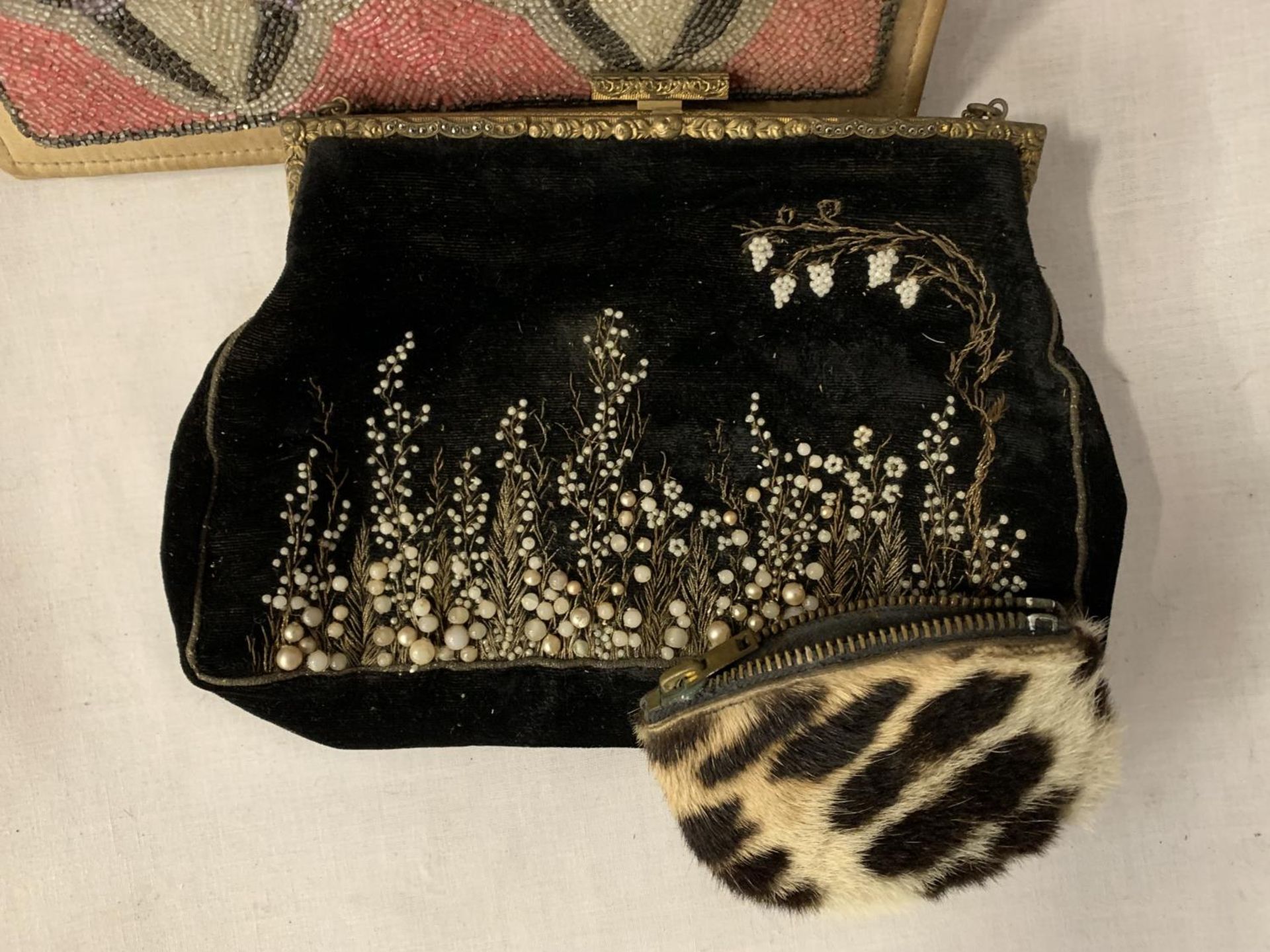 TWO BEADED CLUTCH BAGS AND A SMALL FUR COIN PURSE - Image 2 of 3