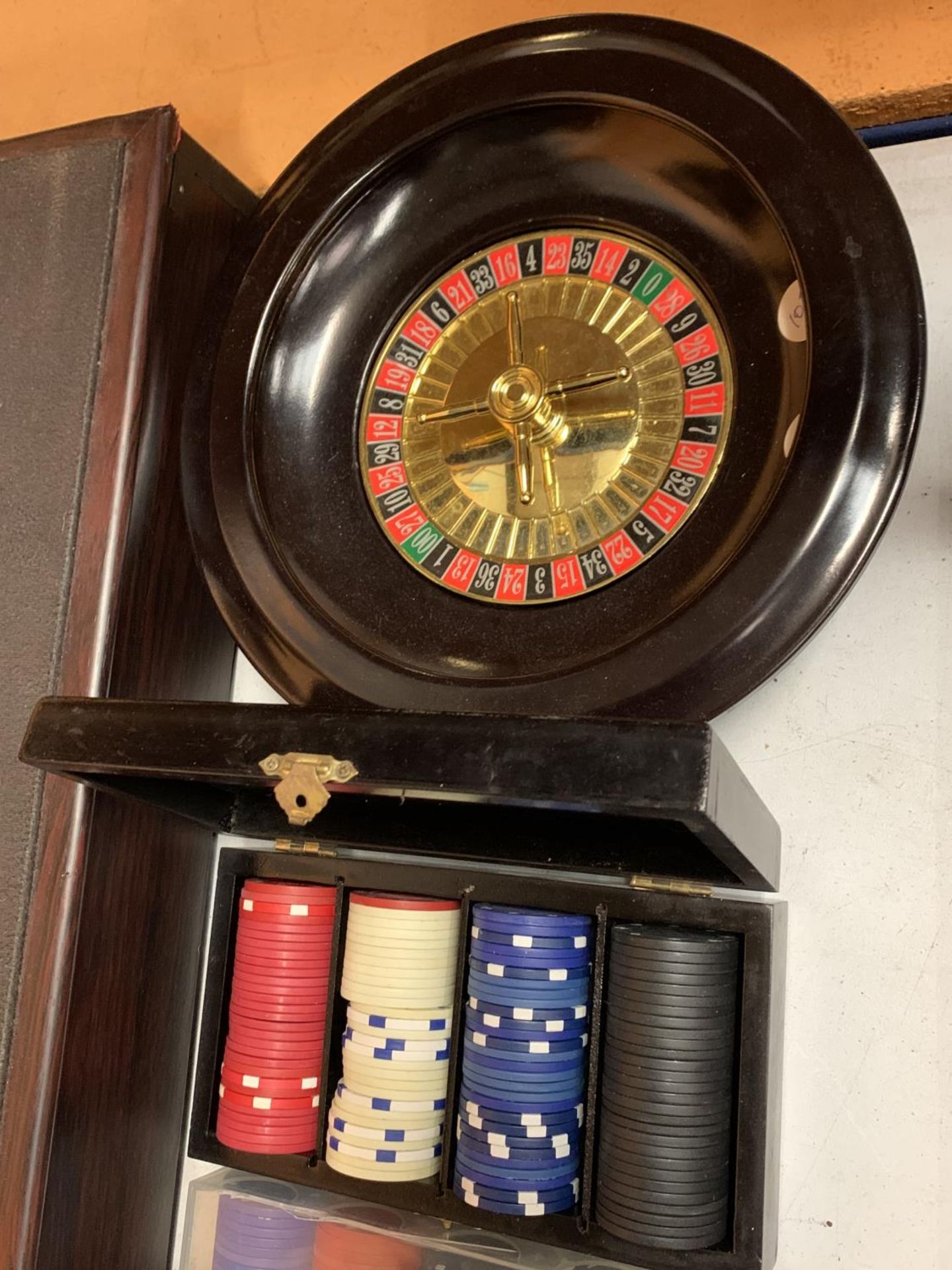 A ROULETTE BOARD WITH WHEEL, CHIPS, DICE ETC - Image 3 of 5