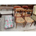 A PAIR OF MODERN FLORAL STOOLS AND THREE VICTORIAN BEDROOM CHAIRS WITH CANE SEATS AND ONE SIMILAR