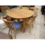 A MODERN PINE CIRCULAR DINING TABLE, 48" DIAMETER, AND FOUR CHAIRS