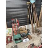 AN ASSORTMENT OF ITEMS TO INCLUDE A QUALCAST LAWNMOWER, ROBERTS RADIO AND GARDEN TOOLS ETC