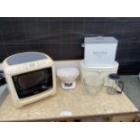 AN ASSORTMENT OF ITEMS TO INCLUDE A WHIRLPOOL MICROWAVE, SCALES AND A COFFEE MAKER