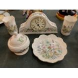 A COLLECTION OF AYNSLEY 'WILD TUDOR' DESIGN TO INCLUDE A MANTLE CLOCK, TWO SMALL VASES AND A TRINKET