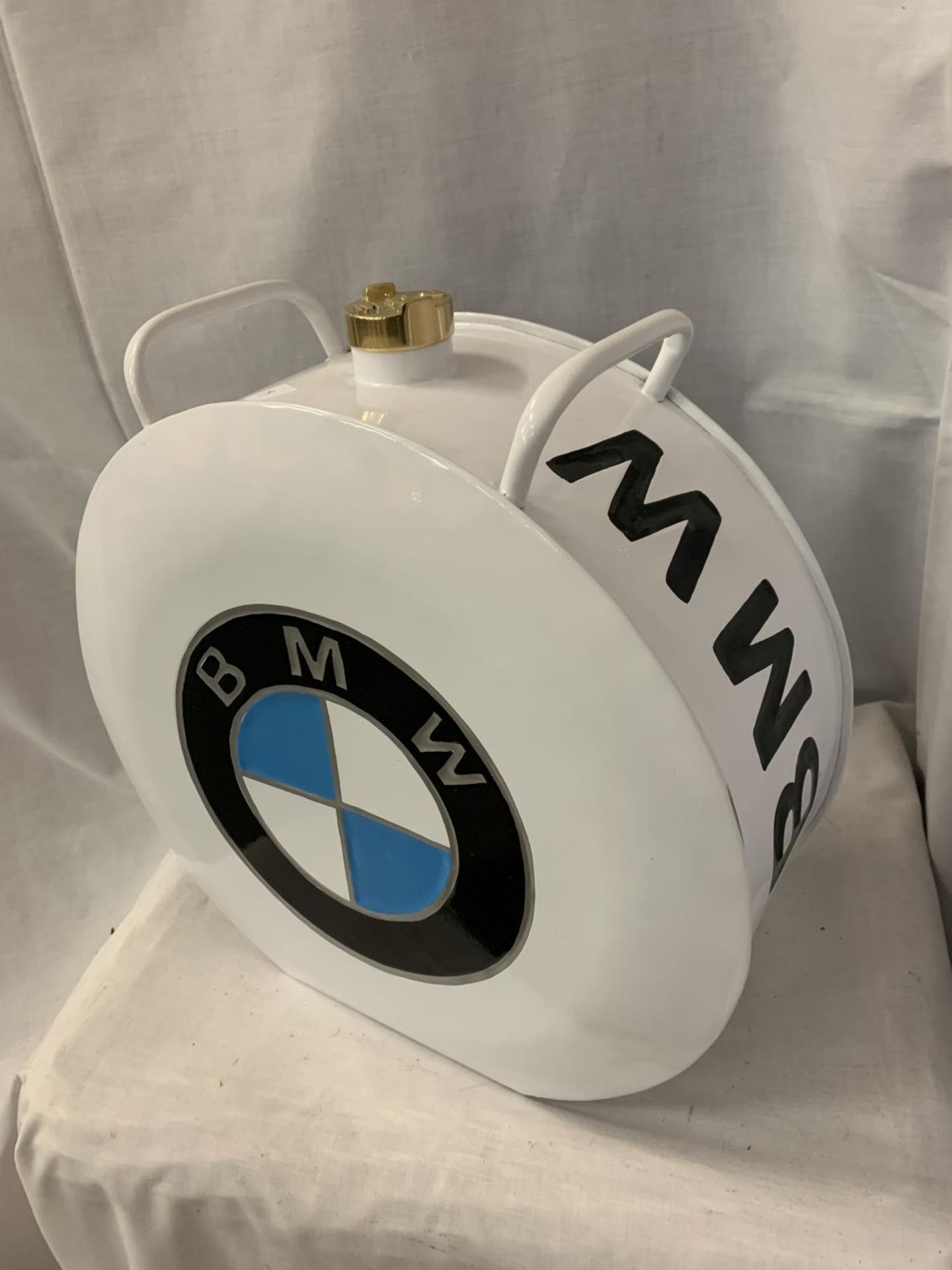 A WHITE BMW PETROL CAN WITH A BRASS TOP - Image 2 of 3