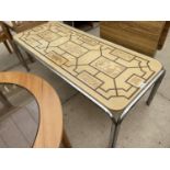 A 1920'S COFFEE TABLE ON TUBULAR BASE WITH TILE EFFECT TOP, 21X49"