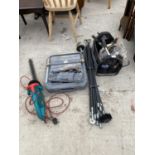 A TOOL BAG WITH TOOLS, A BOSCH HEDGE TRIMMER, TILE CUTTER AND DRAINING RODS ETC