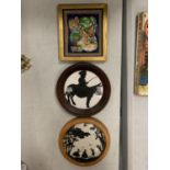 TWO VINTAGE ROUND FRAMED SILHOUETTES AND A SMALL DUTCH ENAMEL GARDEN OF EDEN FRAMED PIECE