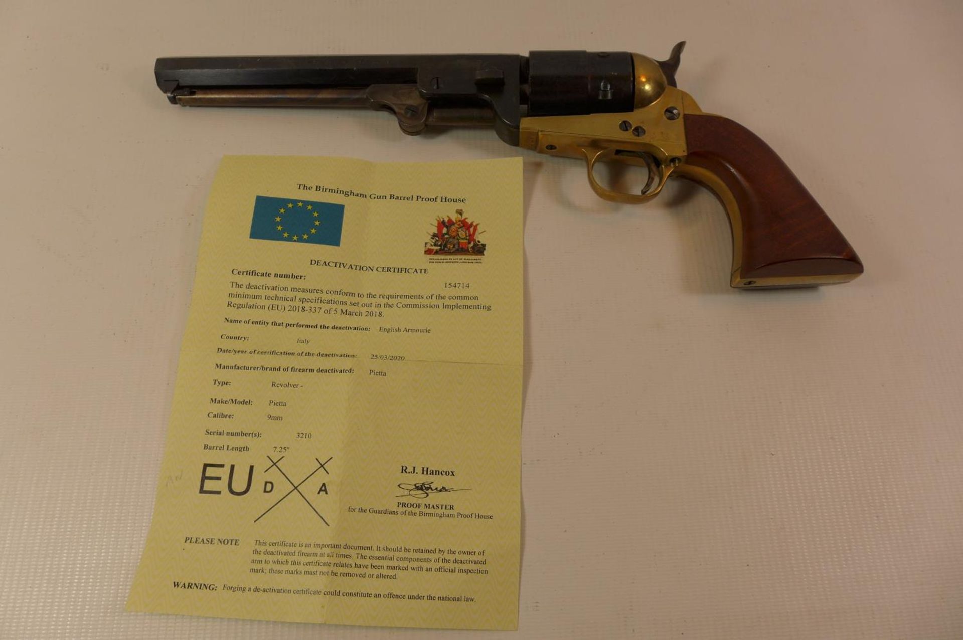 A DEACTIVATED PIETTA 9MM NAVY COLT REVOLVER 18.5CM BARREL TOGETHER WITH AN EU DEACTIVATION