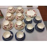 A SET OF SIX ELLIS SYKES FINE BONE CHINA TRIOS AND A SET OF SIX BLUE WILLOW PATTERN CUPS AND SAUCERS