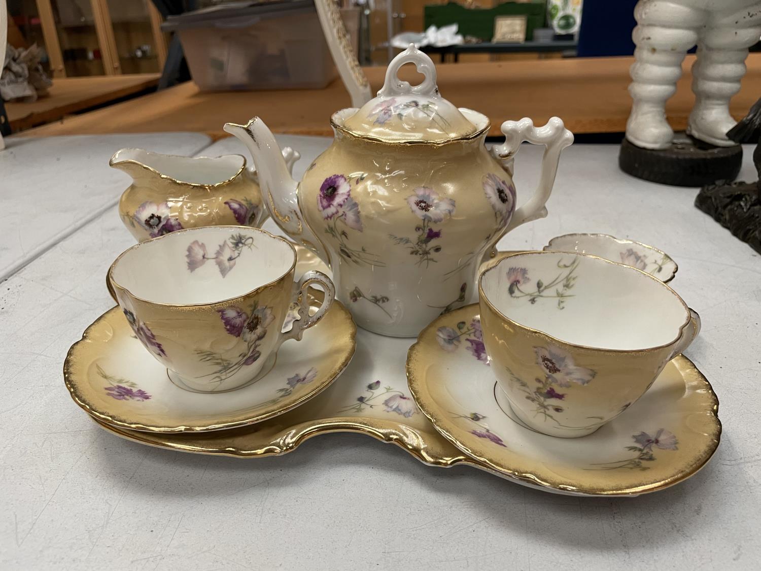 TEA FOR TWO, FLORAL WITH GOLD RIM DETAILING TEA SET COMPRISING TRAY, TEAPOT, TWO CUPS & SAUCERS, - Image 2 of 4