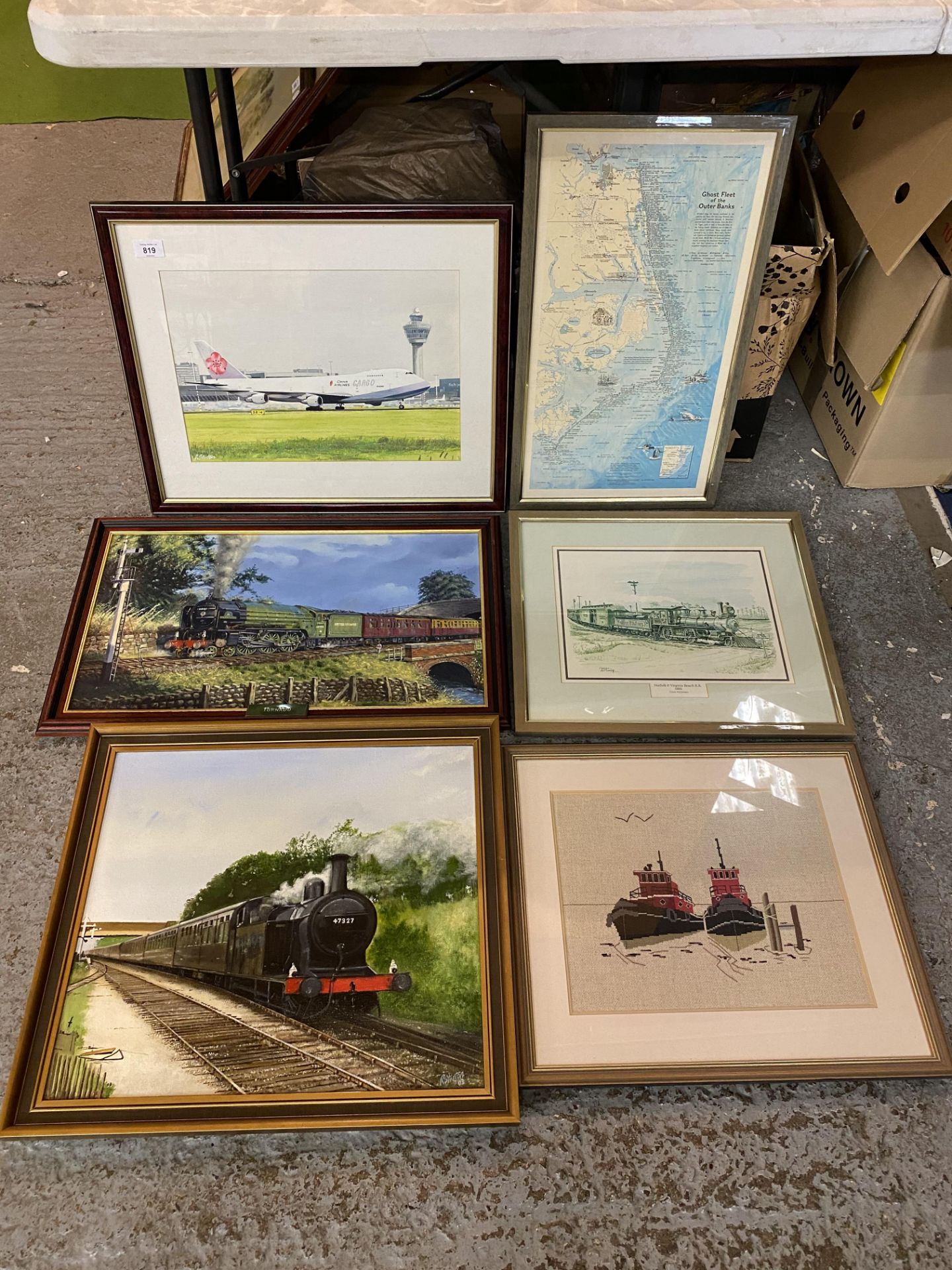 A COLLECTION OF PICTURES TO INCLUDE A CHINA AIRLINES CARGO AIRCRAFT, THREE STEAM ENGINES ETC