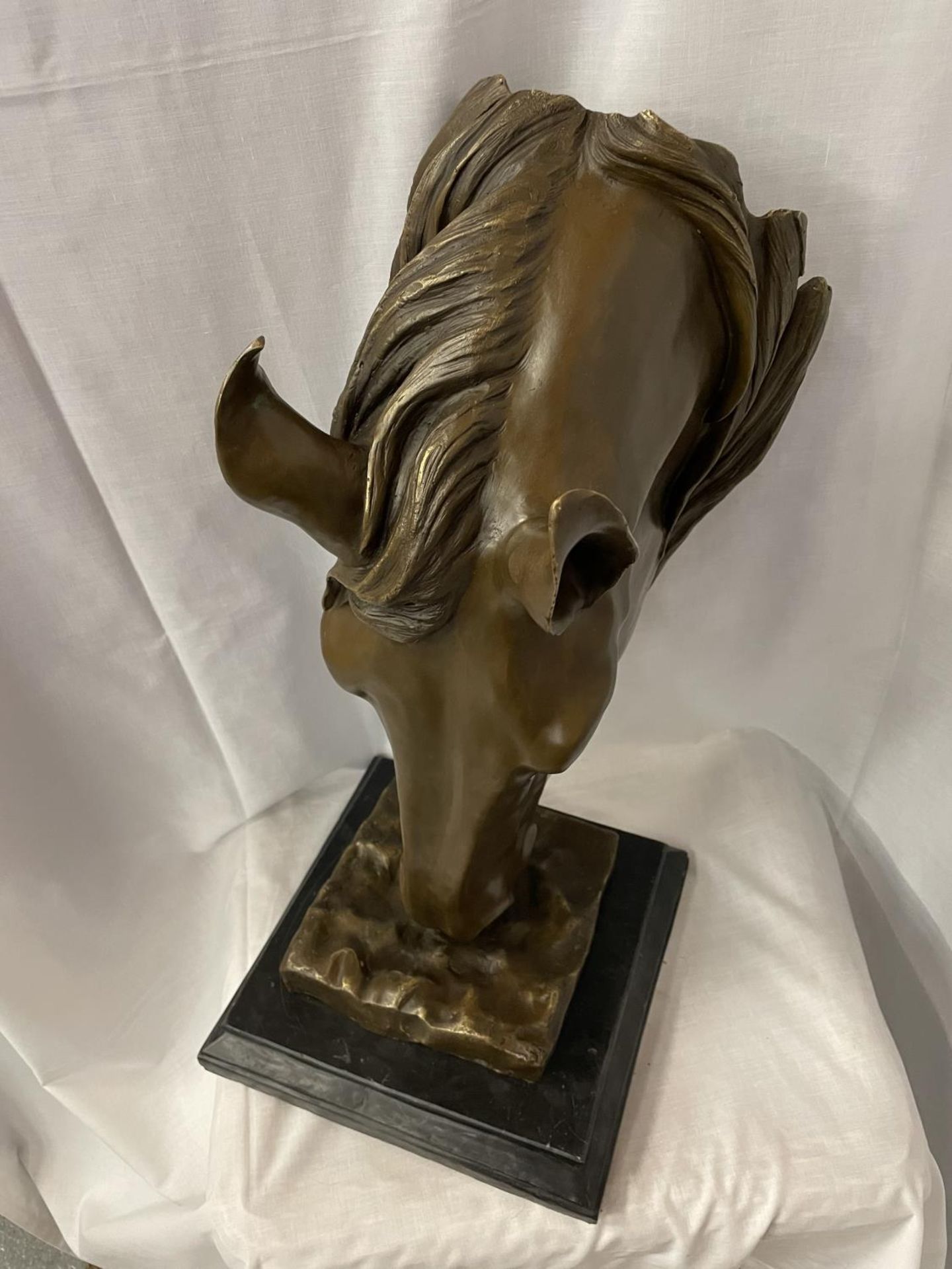 A LARGE BRONZE SCULPTURE OF A HORSE'S HEAD ON A MARBLE BASE 58CM HIGH - Image 3 of 3