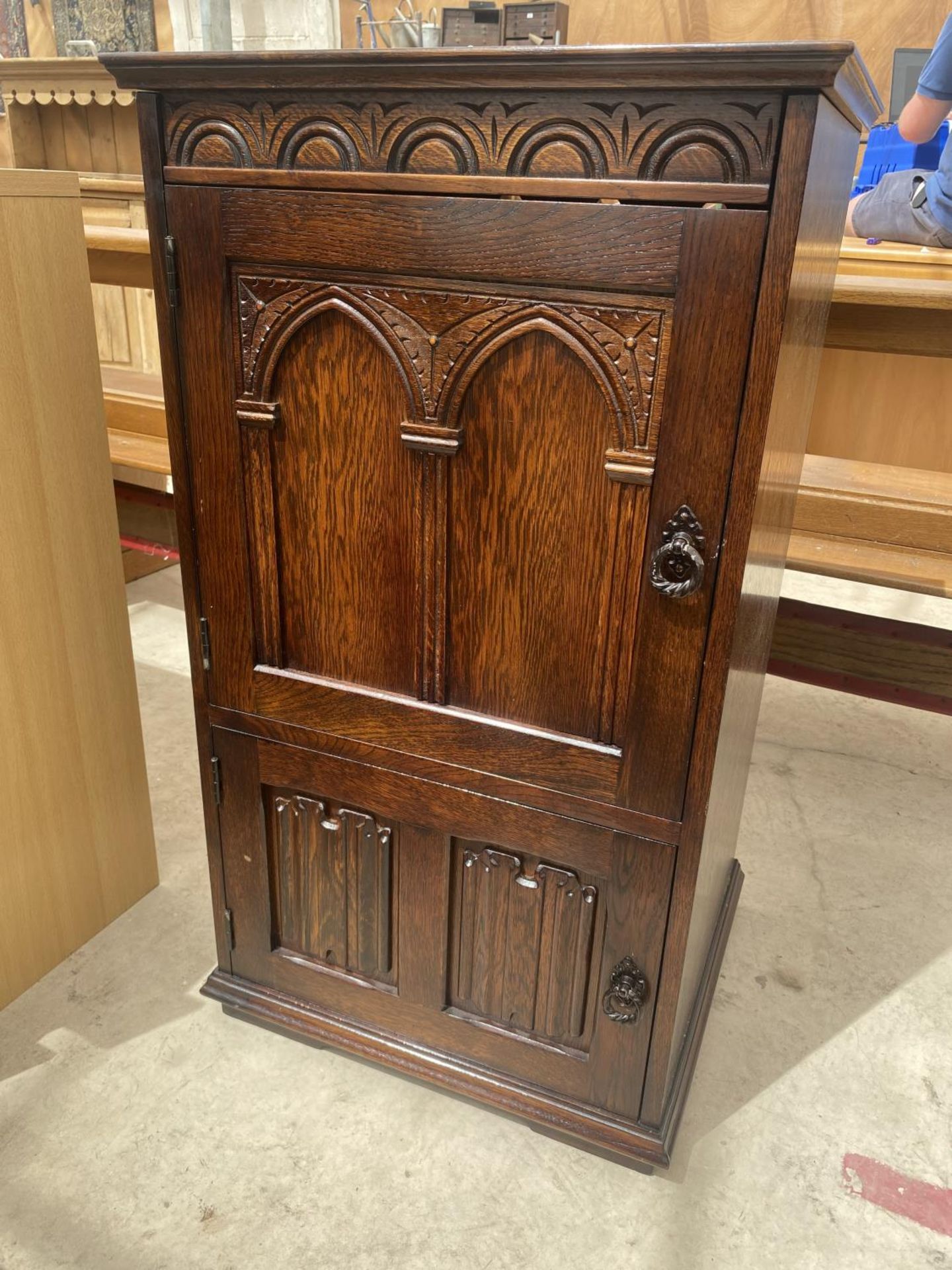AN OAK PRIORY STYLE STEREO CABINET