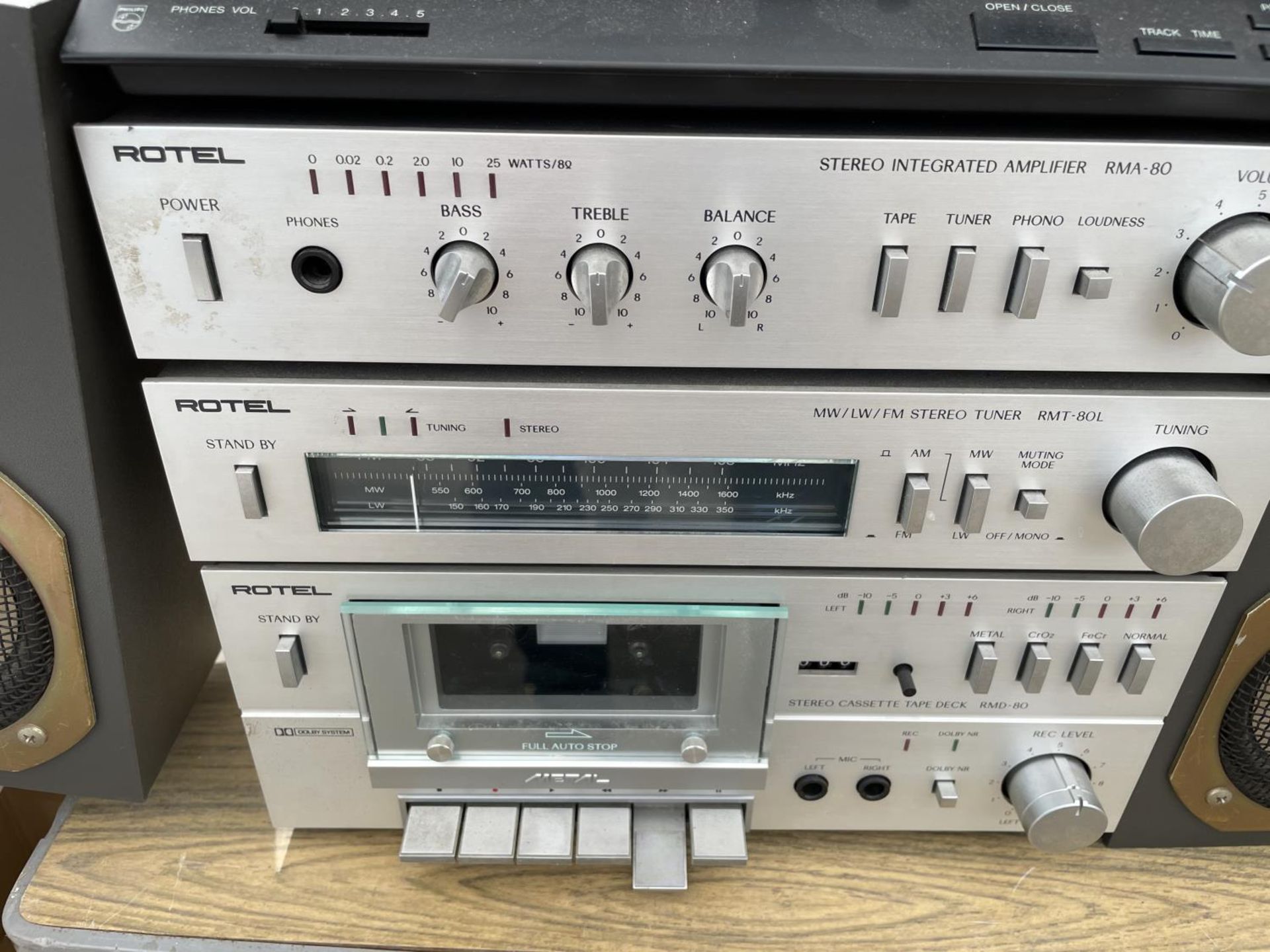 A PHILIPS CD PLAYER, A ROTEL INTERGRATED AMPLIFIER, A ROTEL STEREO TUNER AND A ROTEL CASETTE TAPE - Image 2 of 3