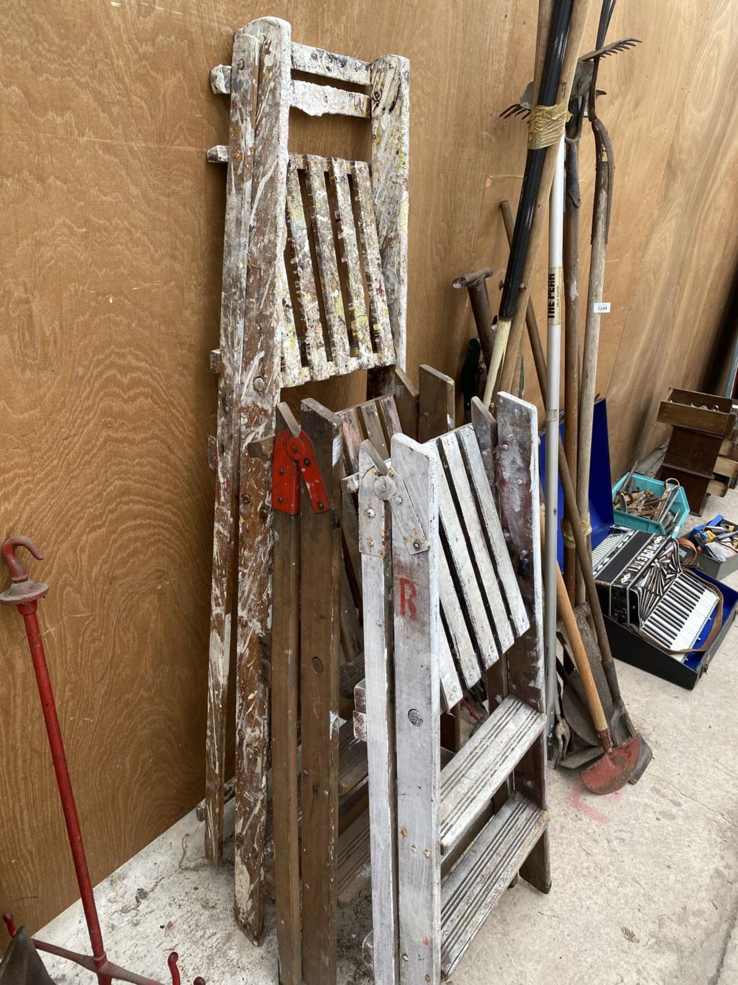 A VINTAGE FOUR RUNG WOODEN STEP LADDER AND TWO FURTHER TWO RUNG WOODEN STEP LADDERS - Image 2 of 2