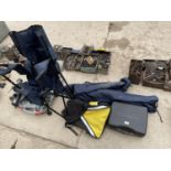 AN ASSORTMET OF CAMPING ITEMS TO INCLUDE A GAS STOVE AND TWO CHAIRS ETC