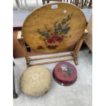 A BEADED VICTORIAN STOOL, ONE OTHER STOOL AND FOLD-OVER OCCASIONAL TABLE WITH PAINTED TOP