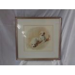 A LARGE PRINT OF TWO GOLDEN LABRADORS W:59 CM H:56CM