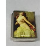 A MARKED SILVER PILL BOX WITH AN EROTIC DESIGN LID