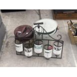 AN ASSORTMENT OF ITEMS TO INCLUDE A WINE RACK, ENAMEL BUCKETS ETC