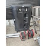 A PET FOOD STORAGE BIN AND TWO EXTENSION LEADS