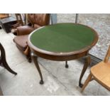 A MAHOGANY GEORGE III STYLE FOLD-OVER CARD TABLE ON CABRIOLE LEGS, HAVING GREEN BAIZE INTERIOR,