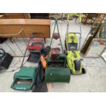 A RYOBI BATTERY POWERED LAWN MOWER, A VINTAGE PETROL MOWER AND AN ELECTRIC LAWN RAKER