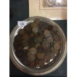 A LARGE QUANTITY OF OLD COINS, MAINLY ONE PENNIES ON A SILVER PLATE TRAY