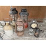 AN ASSORTMENT OF VINTAGE ITEMS TO INCLUDE PARAFIN LAMPS, OIL CAN AND FLAGON ETC