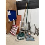 AN ASSORTMENT OF ITEMS TO INCLUDE A WOODEN RAMP, A TWO RUNG STEP LADDER, A GARDEN VAC AND A GOLF