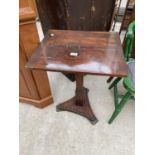 A REGENCY MAHOGANY OCCASIONAL TABLE ON PINE BASE AND COLUMN, 20X17"