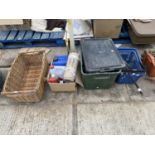 AN ASSORTMENT OF ITEMS TO INCLUDE CLAMPS, A JIGSAW AND A WICKER BASKET ETC