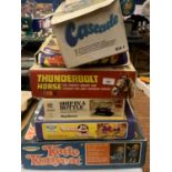 SIX VINTAGE BOXED GAMES TO INCLUDE THUNDERBOLT HORSE, BEAT THE BLACK BALL, KATIE KOPYKAT ETC