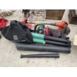 AN ASSORTMENT OF GARDEN TOOLS TO INCLUDE A FLYMO GRASS STRIMMER, A LEAF BLOWER AND A HEDGE TRIMMER