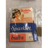 AN OLD BOXED SOAP AND A BOX OF SPARKLETS BULB