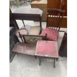 A REPRO SOFA TABLE, MAHOGANY STOOL, WINE TABLE, FIRESCREEN, COFFEE TABLE AND DINING CHAIR