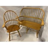 TWO WOODEN APPRENTICE PICE ITEMS - A WINDSOR ARM CHAIR (REPAIR TO ARM) AND A TWO SEATER ARMCHAIR