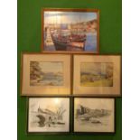 A COLLECTION OF PRINTS TO INCLUDE TWO DONALD GREIG PRINTS OF HARBOUR VIEWS TWO FRAMED W. HEATON-