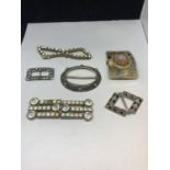 SIX VARIOUS DECORATIVE BUCKLES SOME WITH CLEAR STONES, ONE WITH AGATE ETC