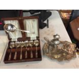 VARIOUS SILVER PLATED ITEMS TO INCLUDE A TRAY, BOXED SPOON SET, PICKLE FORKS AN DUCK SHAPED HOLDER