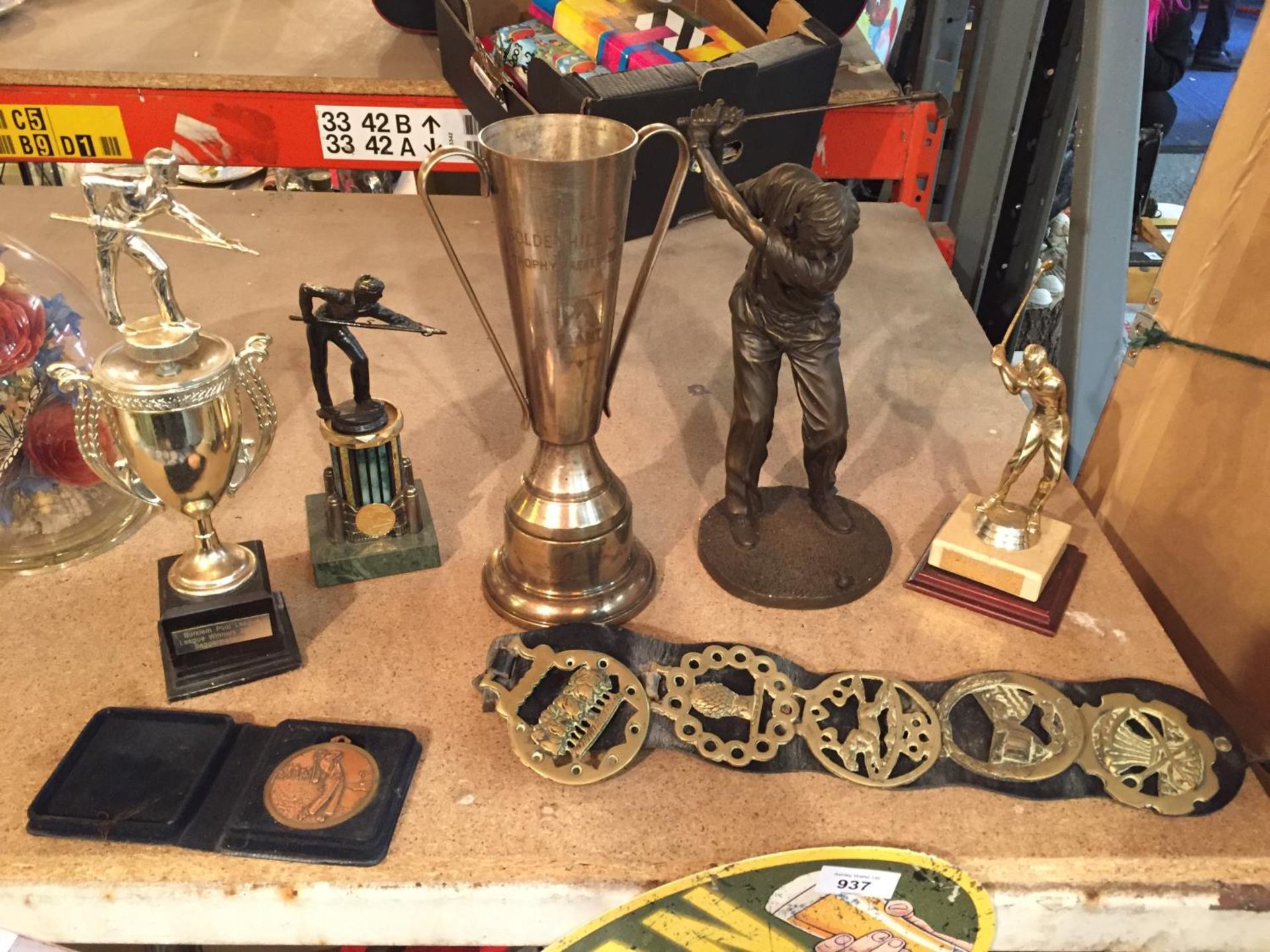 A LARGE COLLECTION OF TROPHIES TO INCLUDE A SWATKINS TROPHY, HORSE BRASSES ETC.