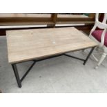 A LIMED OAK EFFECT COFFEE TABLE ON METAL BASE, 24X43"