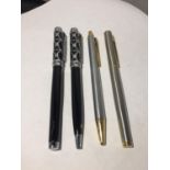 FOUR VINTAGE PENS TO INCLUDE A MATCHING SET OF PEN AND BIRO AND TWO MATCHING BIROS