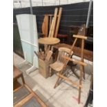 AN EASEL, KITCHEN CHAIR, QUANTITY OF TURNED SPINDLES AND A SCREEN