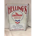 A VINTAGE "HELLINGS GASOLINE" TIN SIGN 20CM X 30CM