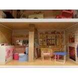 A VERY LARGE THREE STOREY SINDY DOLLS HOUSE WITH ROOF TOP TERRACE TO INCLUDE FURNITURE