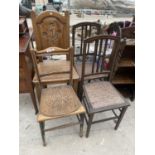 THREE VARIOUS BEDROOM CHAIRS AND CARVED BEECH HALL CHAIR