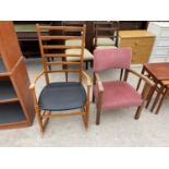 A RETRO TEAK LADDERBACK ROCKING CHAIR AND LOW CHILDS FIRESIDE CHAIR
