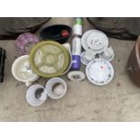 AN ASSORTMENT OF ITEMS TO INCLUDE CERAMIC POTS, PLATES AND PLANTERS ETC